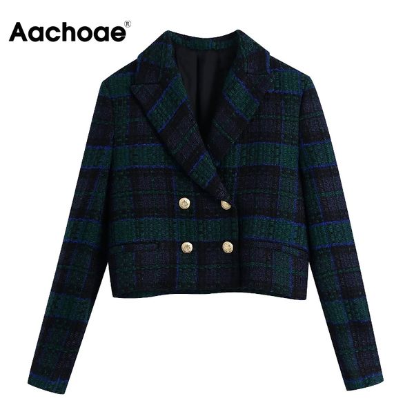 

aachoae vintage plaid blazer women notched neck office short blazers double breasted elegant lady outwear spring autumn 210413, White;black