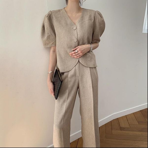 

korean womens tracksuits vintage two piece set summer clothes for women puff sleeve single breasted loose blouses wide leg, Gray