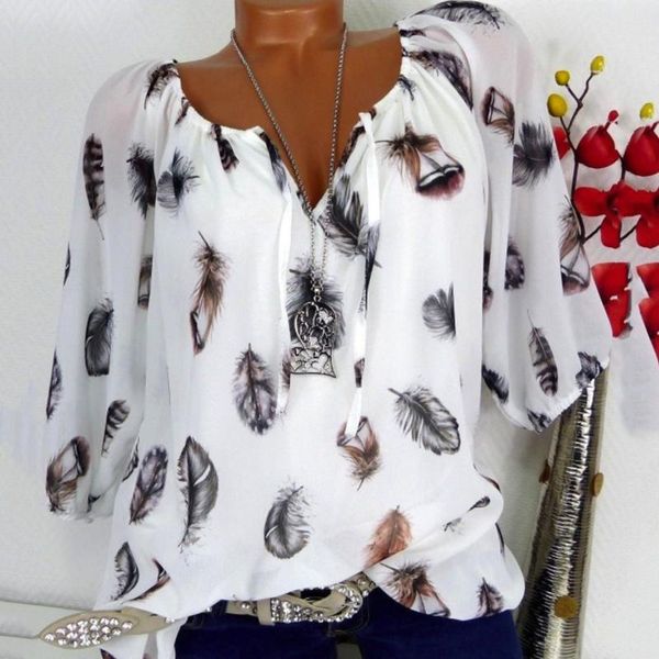 

women's blouses & shirts floral print chiffon blouse women ladies summer drawstring printed long sleeve blusas mujer de moda 2021, White