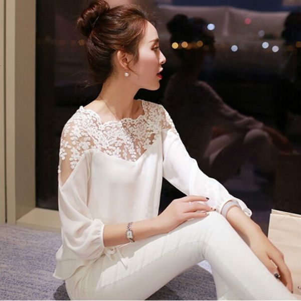 

women's blouses & shirts chiffon autumn sweet hollow shirt three quarter sleeve stitching lace blouse female crop sexy, White