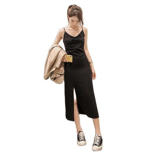 

casual dresses v-neck sling dress female long 2021 spring summer temperament base black women fashion vestidos mujer e508, Black;gray
