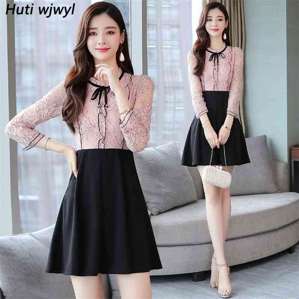 

vintage pink black fake two piece mini dresses autumn winter long sleeve beach dress elegant women bodycon party vestidos 210528, Black;gray