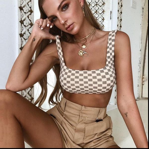 

causey rushed slim women tanks crop plaid summer casual party beach tank cropped feminino, White