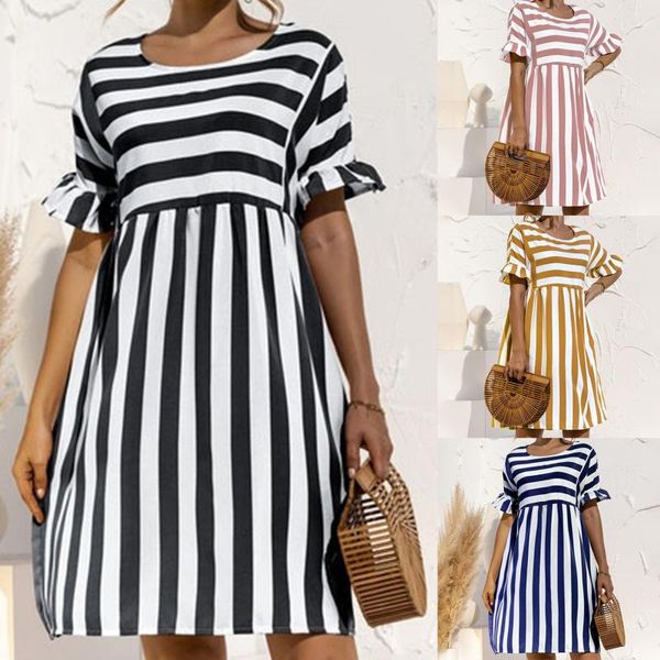 

casual dresses 2021 summer ladies dress fashion o neck short sleeved women loose solid flouncing pocket patchwork stripe beach, Black;gray
