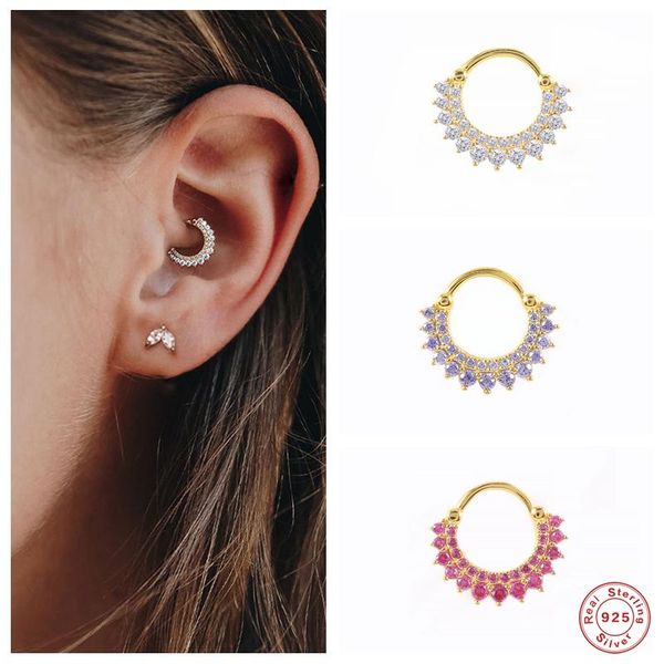 

hoop & huggie aide 925 sterling silver shiny double layer rhinestone earrings for women cartilage ear bone buckle piercing jewelry, Golden;silver