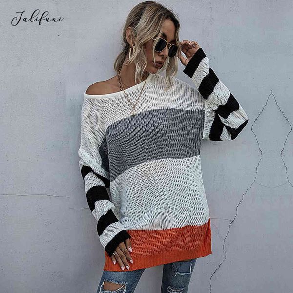

autumn winter long sweaters woman stitching striped long sleeve knitted pullover sweater fall fashion womens clothes 210415, White;black