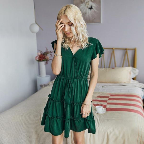 

summer women's elegant butterfly sleeve knitting dress ladies casual cotton above knee mini short v-neck solid 2021 dresses, Black;gray