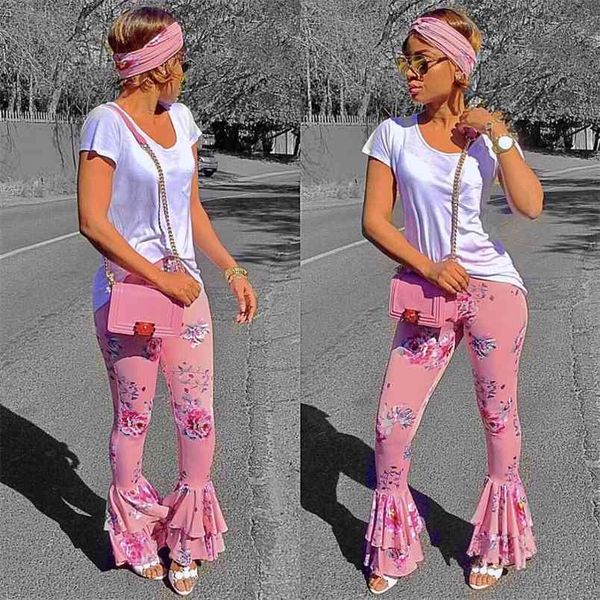 Moda Verão Pink Flare Calças Floral Ruffled Impressão Drapeada Senhoras Chegada Largura Pé Skinny Calças Palazzo 210517