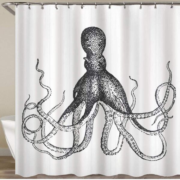 

shower curtain,ocs monochrome marine animal with tentacles in sketch subaquatic life artwork,polyester fabric waterproof
