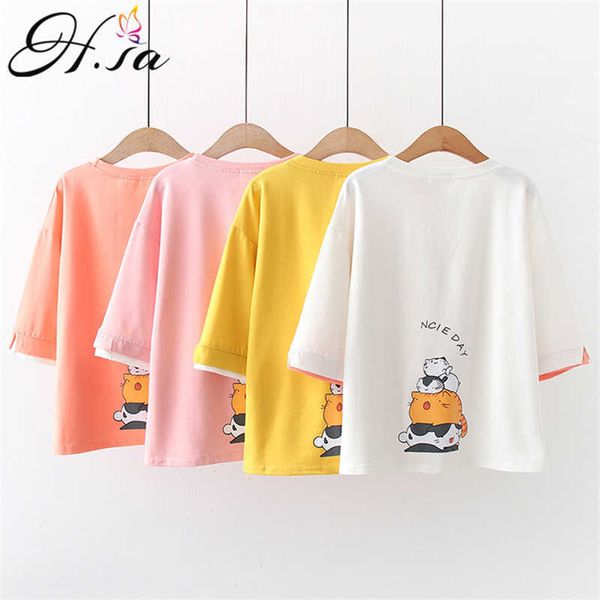 

hsa basic cotton t shirt women summer loose cartoon cats printed tees casual loose tshirt korean o neck female 210716, White;black