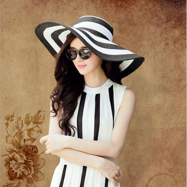 

wide brim hats summer female sun visor hat big classic black white striped straw elegant outdoor beach caps for women, Blue;gray