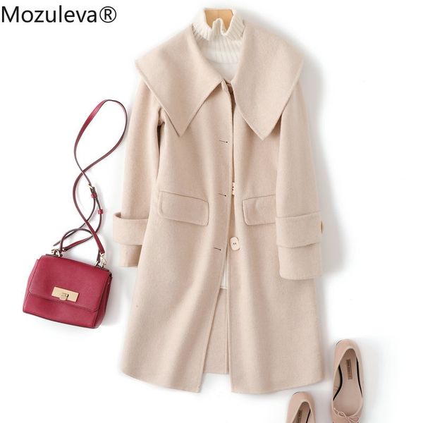 

double sided cashmere coat medium length style winter woolen female sailor collar coat 210427, Black