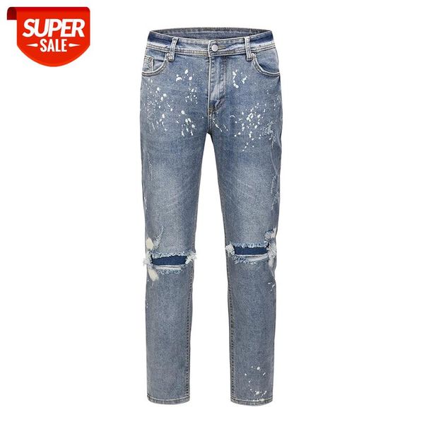 

high street ink splash hole jeans mens washed destroy oversize casual pencil pants retro straight loose baggy denim trousers #dv8d, Blue