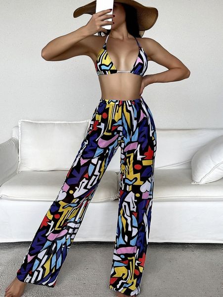 

3pack graphic print halter bikini swimsuit & cover up pants a19g#, White;black