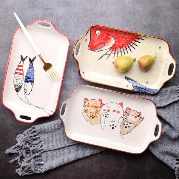

dishes & plates fancity japanese-style retro hand-painted ceramic binaural plate western deep dish home dim sum breakfast fruit salad