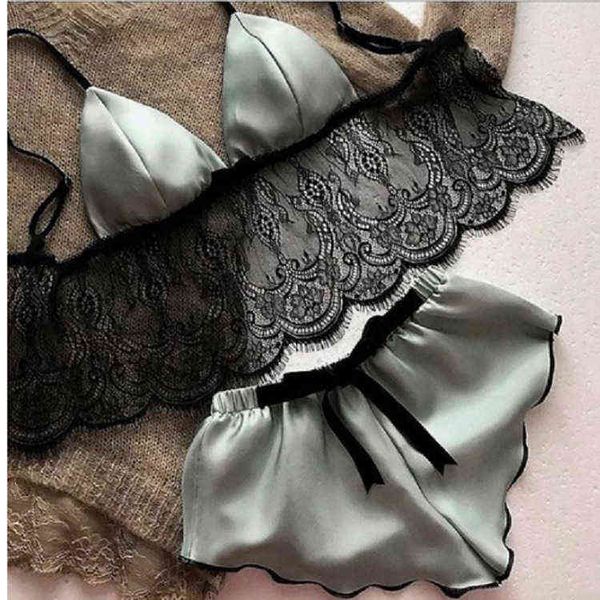 

silk lace two piece suit suspender pajamas underwear 211203, Black;white