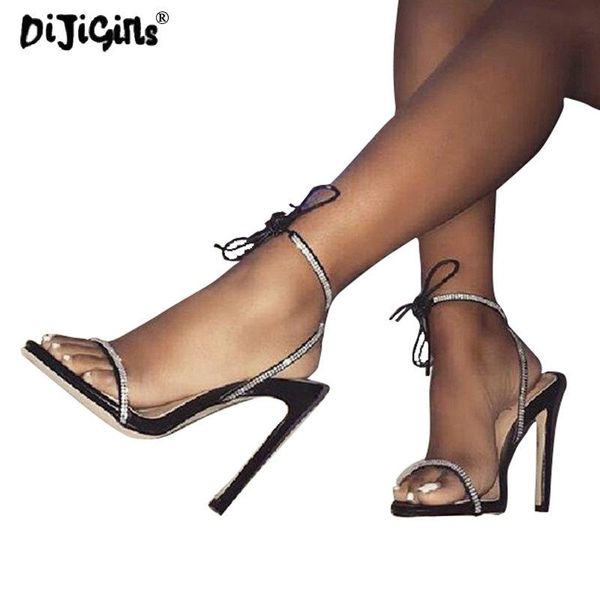 

dropship summer women sandals rhinestone straps cross-strap ladies high heels elegant party shoes stiletto dress, Black