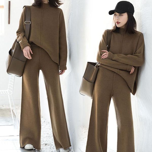 

women's two piece pants 2021 autumn winter lady slim tracksuit solid o-neck sweater and elastic wide leg trousers suits female knitted, White