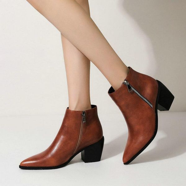 

boots retro daily chunky heel pointed toe ankle woman fashion faux leather yellow brown black zipper short