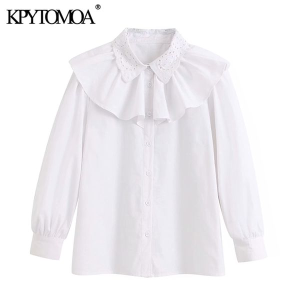 

women sweet fashion embroidery ruffled white blouses vintage puff sleeve buttons female shirts blusas chic 210420