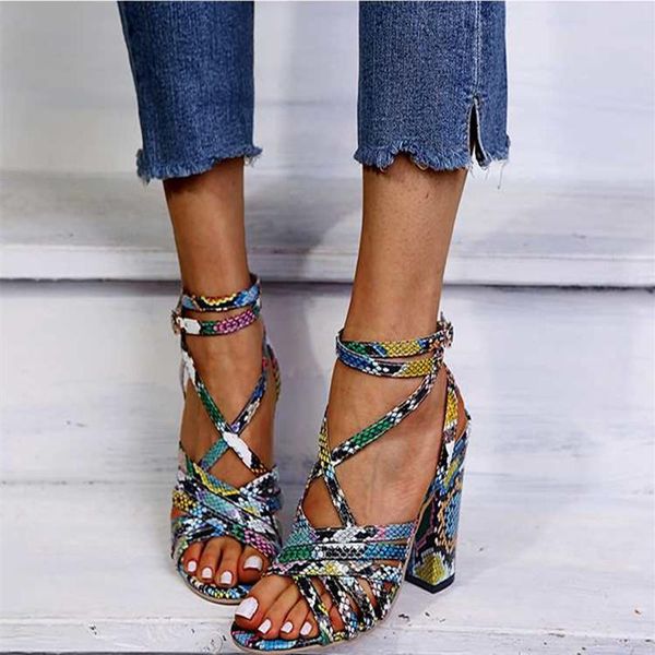 

women high heels sandals woman pumps ankle strap open toe block heel snake pattern summer shoes, Black