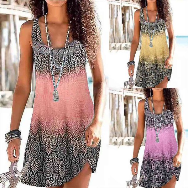 

summer fashion print sleeveless women dresses round neck suspender vest vestido de mujer, Black;gray