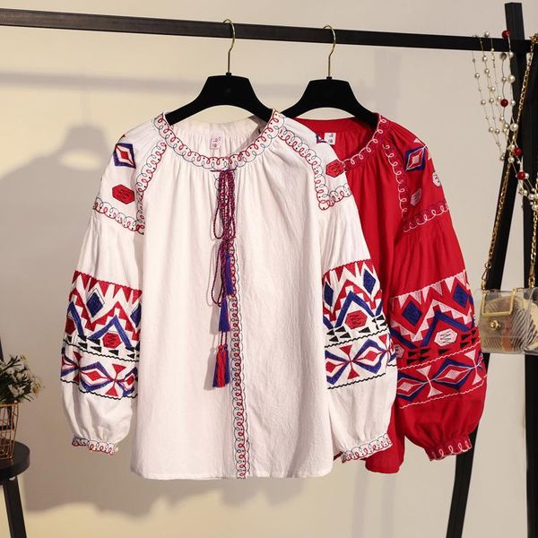 

women's blouses & shirts mumuzi elegant white blouse women 2021 vintage flower embroidery casual v neck retro short blusas female