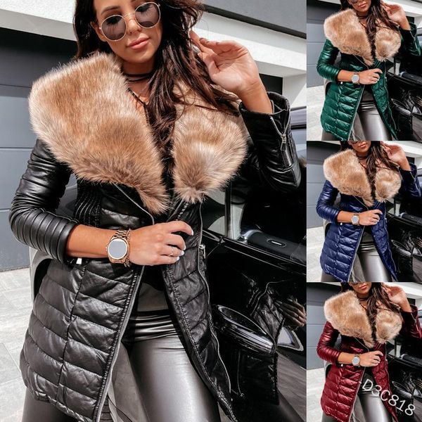 

women's leather & faux lugentolo jacket women large fur collar slim long sleeves pu jackets mid-length coat, Black