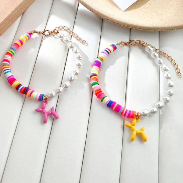 

charm bracelets cartoon balloon dog pendant pearl pink clay beaded bracelet for women lovely animal handmade beads chain jewelry gifts, Golden;silver
