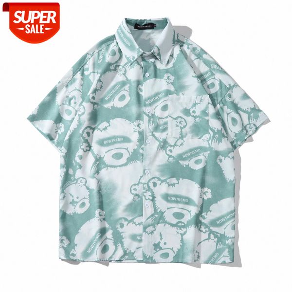 

oversize hip-hop style men's and women's bf hong kong bear full-print couple loose short-sleeved shirts #ku5c, White;black