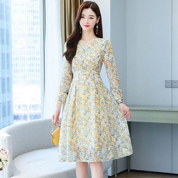 

casual dresses 2021 autumn women chiffon floral printed dress summer flare sleeve high waist draped v-neck a-line fairy print for, Black;gray