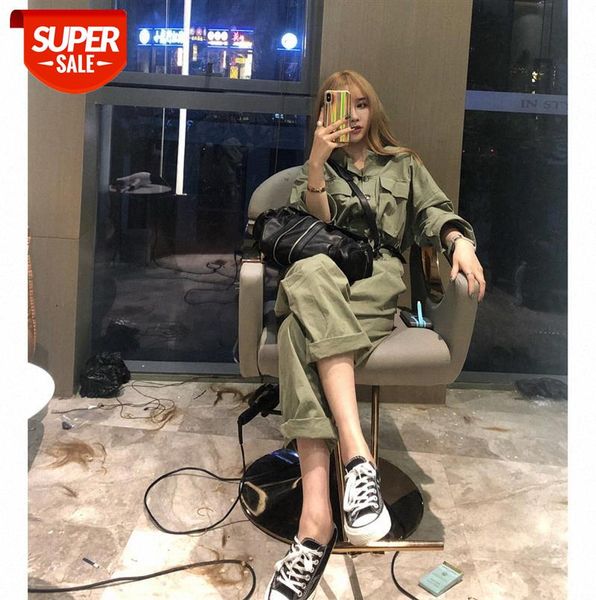 

fashionable korean version of loose army green pocket work cover long-sleeved one-piece trousers jumpsuit women #4p2y, Black