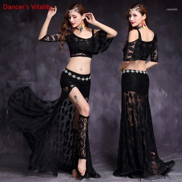 

stage wear 2021 lace bellydance costume 2pcs set skirt model women belly dance suits performance long skirt1, Black;red