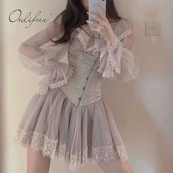 

summer women mesh party mini dress lace crochet polka dot long sleeve ruffle short tulle 210513, Black;gray