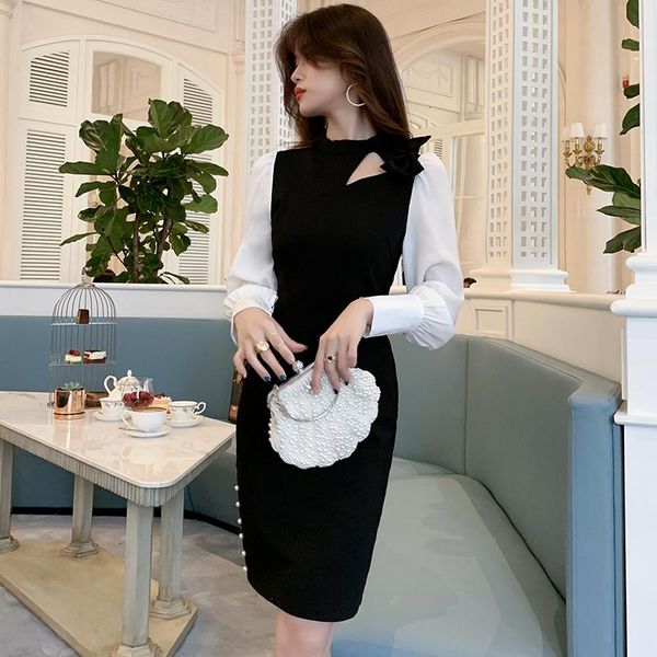

casual dresses 2021 the autumn women black cotton short dress long sleeve o-neck vintage korean fashion elegant ladies mini clothes, Black;gray