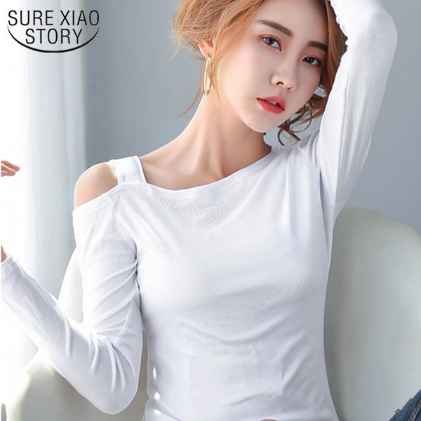 

spring 6 colors simple classic tee casual off-shoulder cotton t-shirt women korean long sleeve slash neck slim tshirt 13282 210415, White