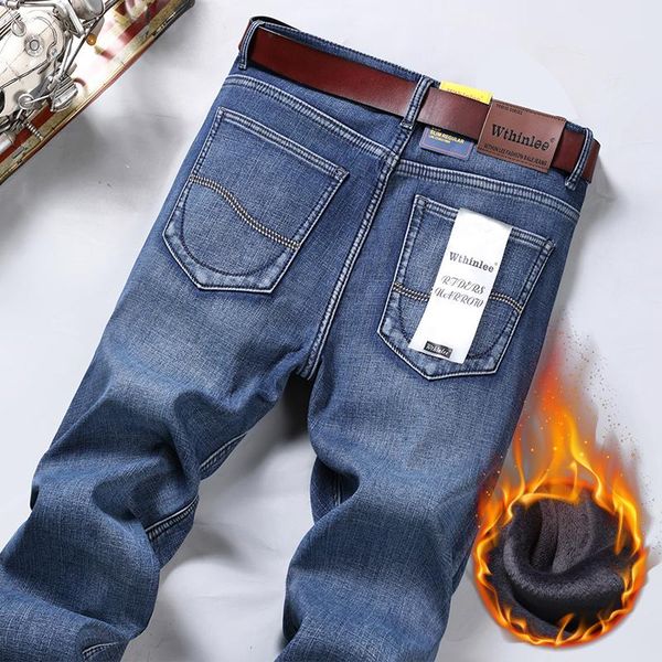 

men's jeans classic men regular fit fleece business fashion loose casual stretch pants male brand plus velvet padded warm trousers, Blue