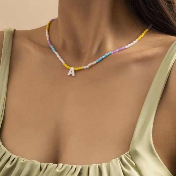 

chokers ornaments, colorful ethnic letter a tag items, small fresh and simple color matching rice bead necklace, Golden;silver