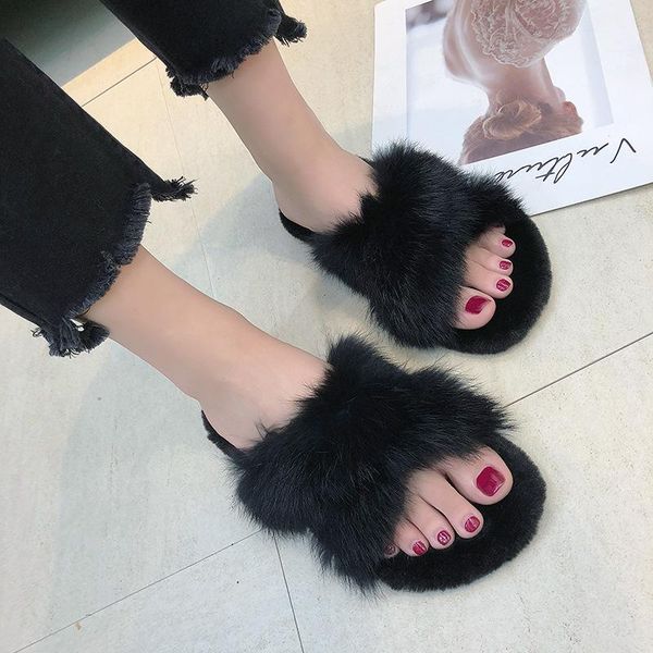 

toe cross plush slippers 2021 est flat non-slip open fashion outer wear foreign trade female, Black