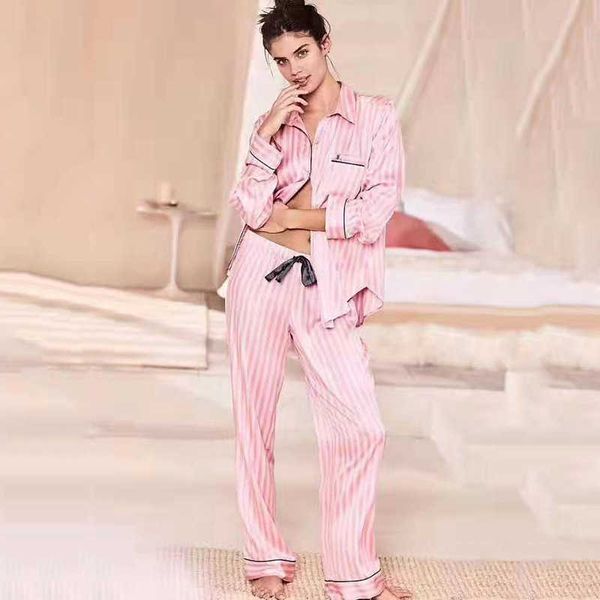 Moda elegante verão pama conjunto mulheres manga longa listrado pijamas primavera cetim seda lounge wear pj pijama homewear 211007