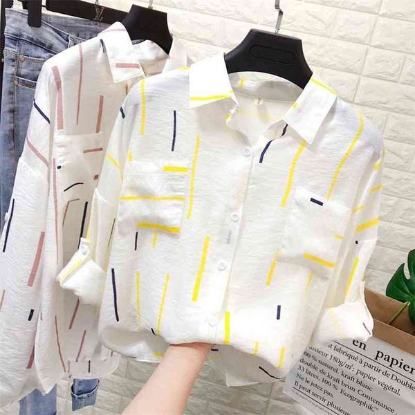 

korea fashion spring summer women long sleeve loose shirts double pocket striped cotton linen blouse female casual d497 210512, White