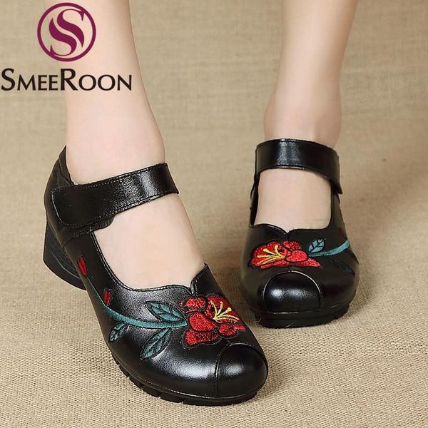 

smeeroon 2021 spring autumn shoes woman round toe mother`s genuine leather women thick heels dress, Black