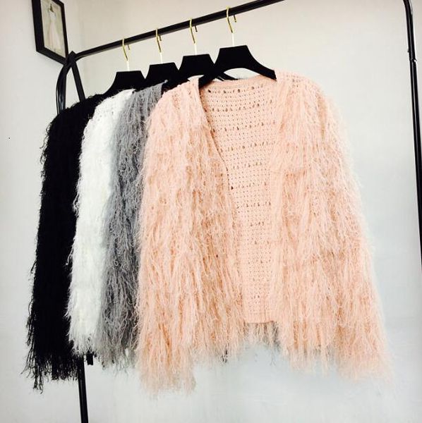 

black korean woman spring and autumn loose tassel wool hair coat cardigan sweater jumper femme pink, White;black