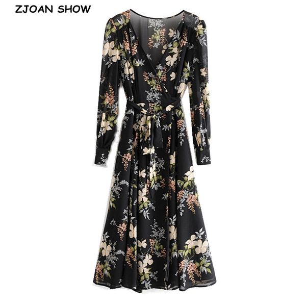 

casual dresses vintage french cross v neck floral print wrap dress woman tie bow sashes slit mid long slim sleeve tea pv4v, Black;gray