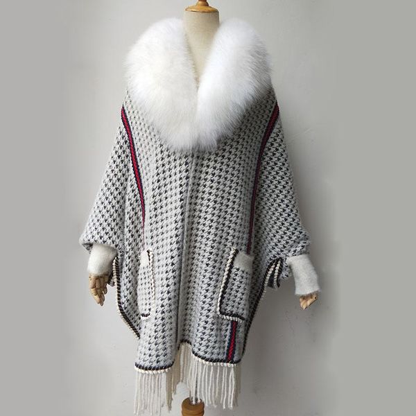 Cachecóis 2021 feminino plus size xale de tricô de inverno com gola de pele genuína moda feminina grande bolso poncho