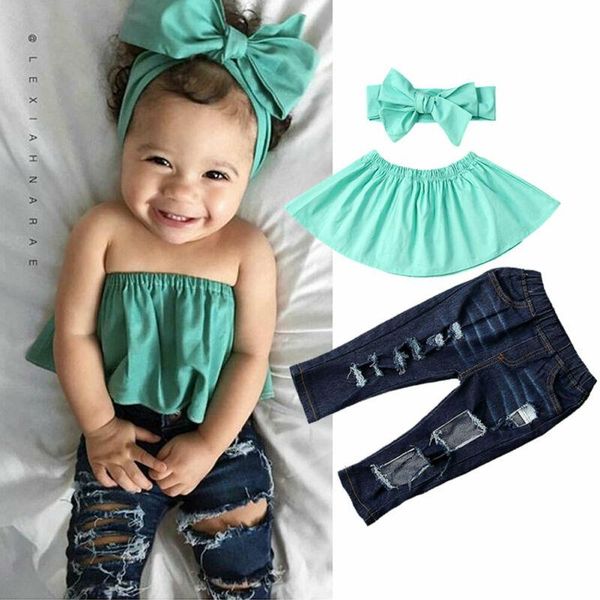 

1-6 years baby girl summer clothing set toddler kids clothes sleeveless tube denim trousers pants headband sunsuit outfit sets, White