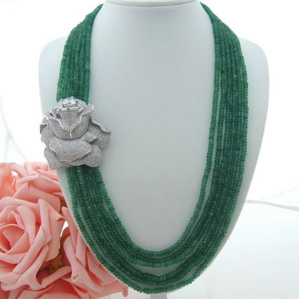 

chains charming 6strands 2x4mm green stone necklace micro inlay zircon buckle flower accessories long 61-68 cm, Silver