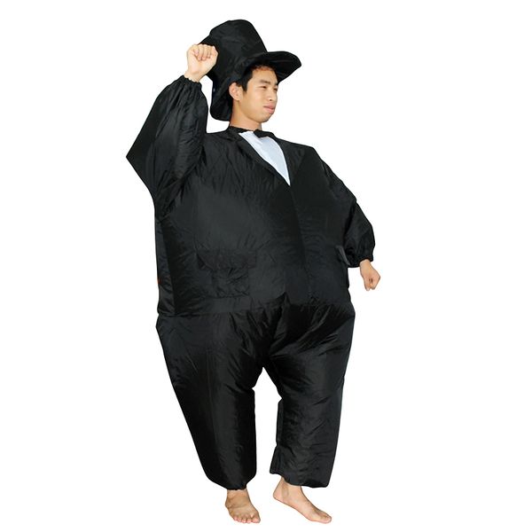 Mascot boneca traje traje preto traje inflável fantasia cavalheiro fantasia para homem explodir papel jogar roupa adulto carnaval vestido terno