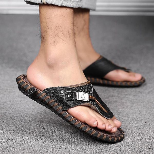 

slippers summer beach men flip flops pu leather male flats outdoor rubber thong shoes brand, Black