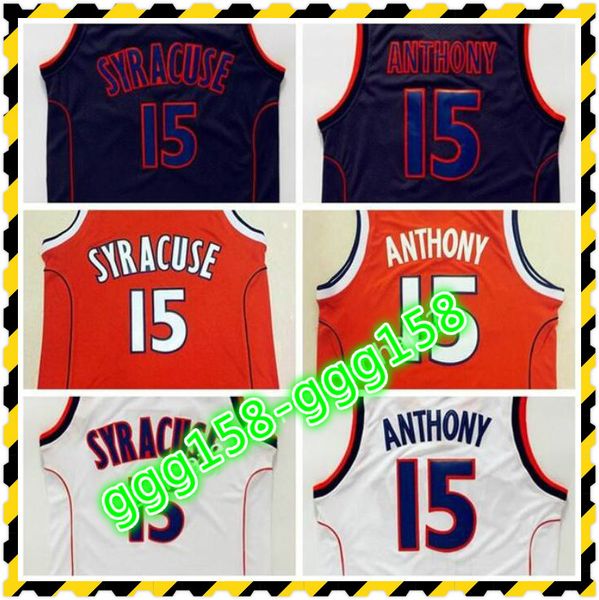 alta qualità Syracuse College NCAA # 15 Jersey Nero Bianco Mens Carmelo Anthony Basketball Maglie cucite Consegna veloce